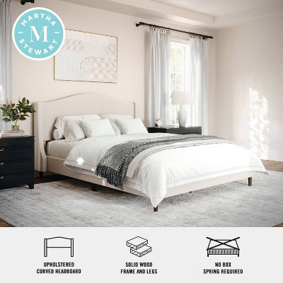 Amelia Queen Beige Linen Upholstered Platform Bed with Walnut Legs