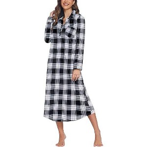 Ekouaer Women Flannel Nightgown Full Length Boyfriend Nightshirt Plaid Long Sleep Dress with Button Loungewear - 1 of 2
