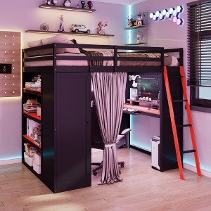 YOOCOZZ Full Size Wood Loft Bed with, Wardrobe, Shelves, Blackout Curtains, RGB Lights - 1 of 4