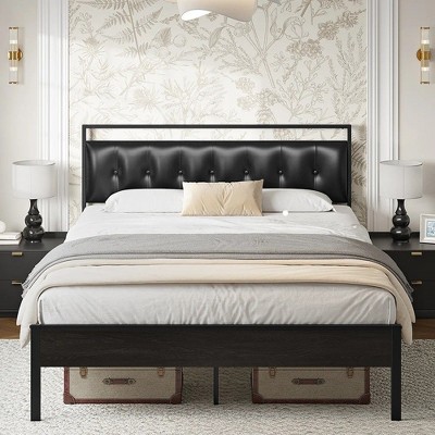 Hausource Upholstered Full Size Bed Frame with PU Leather Headboard