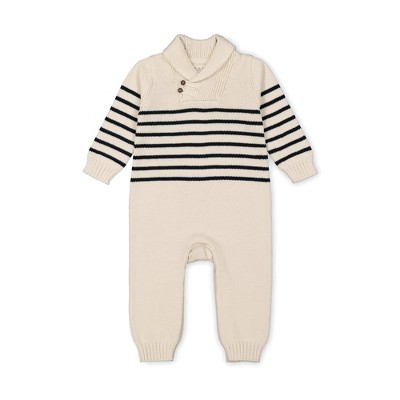 Image of Hope & Henry Baby Shawl Collar Romper (Natural and Black Breton Stripe, 3-6 Months)