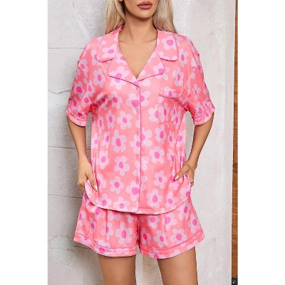 Pink Flower Print Short Sleeve Shirt Pajamas Set