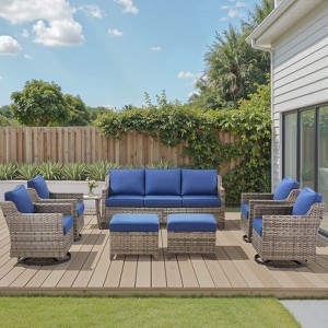 Buenhomino High Back Patio Furniture Set with Thick Cushion, 8-Piece Outdoor Conversation Set with Sofa, Swivel Rocker Chairs, Glass Table & Ottomans - 1 of 4