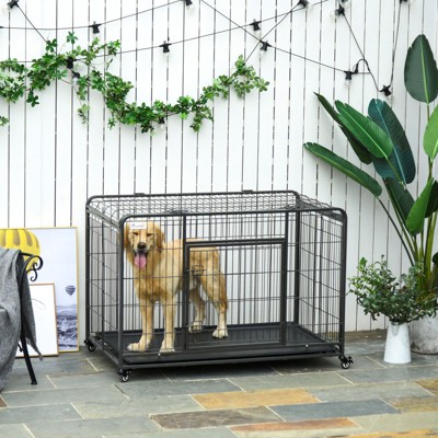 VisioGear 49" Dog Crate, Folding Design Metal Dog Cage Crate & Kennel with Removable Tray, Cover and 4 Locking Wheels, Gray, 49.25"*30"*32"