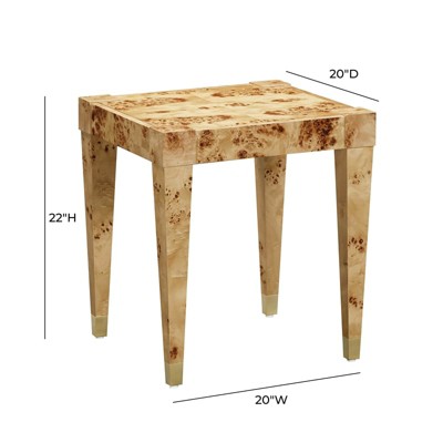 Natural Burl Wood and Brass Square End Table