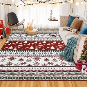 Christmas Washable Area Rug, Non Slip Low Pile Holiday Living Room Bedroom Carpet with Rubber Backing Accent Rug, Red - 1 of 4