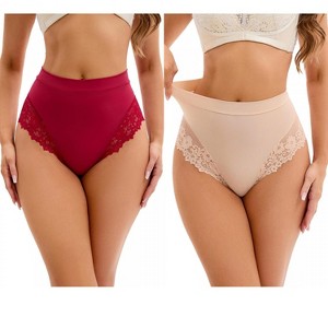 INSPIRE CHIC 2 Pcs Women's Lace Trim High-Waisted Briefs Tummy Control Underpants - 1 of 4
