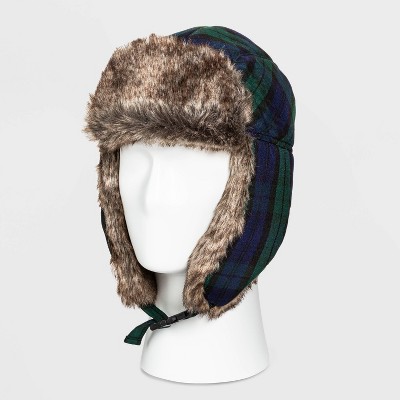 Men's Plaid Faux Fur Trapper Hat - Goodfellow & Co™ Blue Spruce One Size