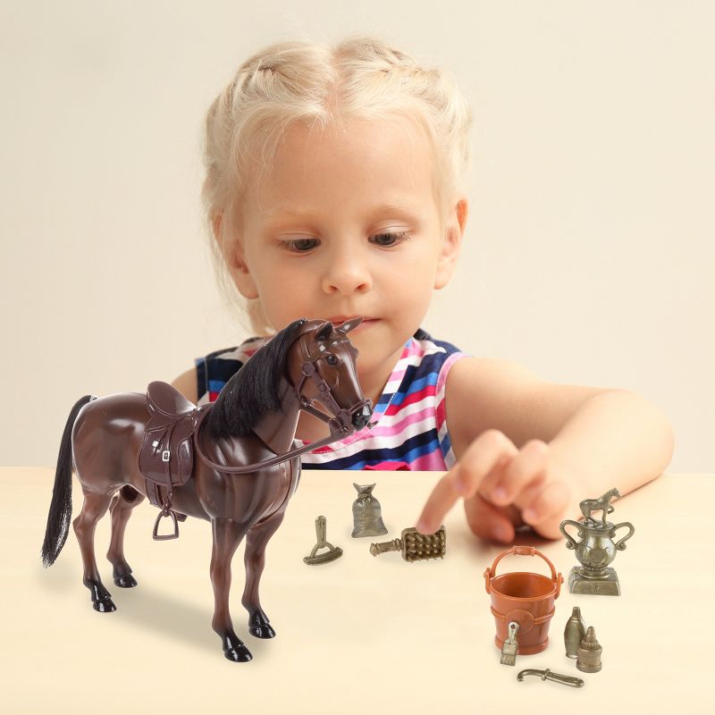 Toy Horse Set With Brushable Mane and Tail, Movable Head, and 12 Accessories - Brown/Black by Toy Time, 2 of 8