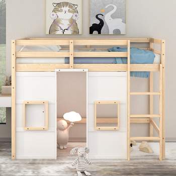 Twin Size Wooden Loft Bed with Built-in Storage Wardrobe and 2 Windows - ModernLuxe