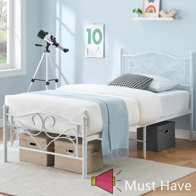 Jojoka Twin Size Bed Frame with Headboard, Heavy Duty Metal Platform, Steel Slats Support, No Box Spring Needed, White Bed Frame for Bedroom