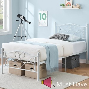 Jojoka Twin Size Bed Frame with Headboard, Heavy Duty Metal Platform, Steel Slats Support, No Box Spring Needed, White Bed Frame for Bedroom - 1 of 4