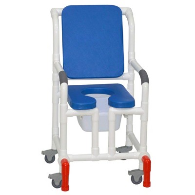 MJM International Corporation Shower Chair 18 In Width 3 In Total Castersseat Blue Cushion Padded Back True Open 10 Qt Slide Mode Pail 300 Lb Wt