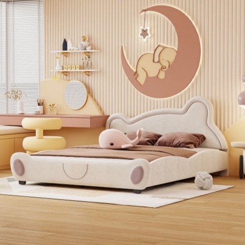 Queen Size Velvet Platform Bed with Bear-Shaped Headboard, with Bed-End Storage Pocket - image 1 of 4