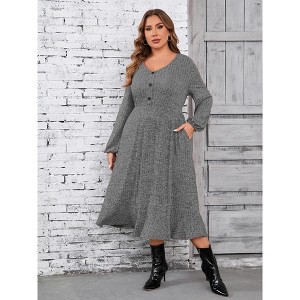 KOJOOIN Women's Plus Size Sweater Dress V-Neck Long Sleeve Fall Winter Dressed with Pockets Light Grey 2XL - 1 of 4