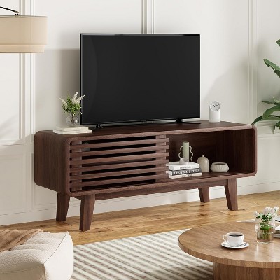 Wooakway 40.6"L 17.8"H 14.2"D Media TV Stand Entertainment Center Storage Cabinet with Sliding Door for TVs up to 59" for Living Room Natural