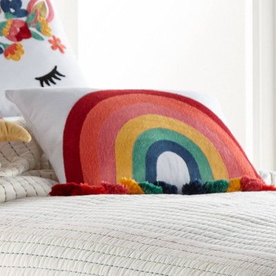 Multicolor Rainbow Embroidered Tassel Rectangular Throw Pillow