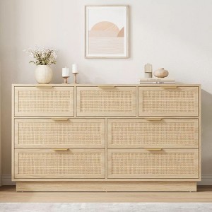 Rattan 7 Drawer Dresser, 55in Wide 7 Chest of Drawers with Metal Handles and Wooden Sturdy Base for Bedroom Living Room Nursery - 1 of 4