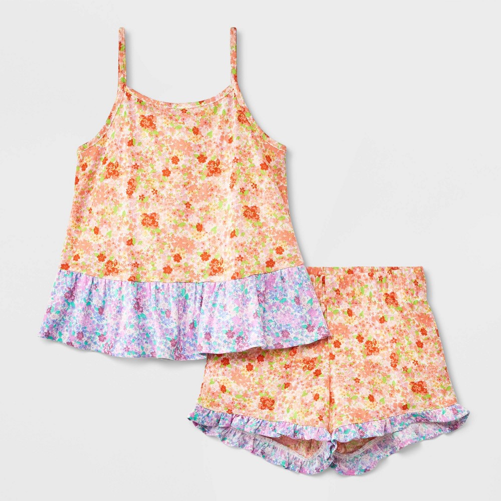 Girls' 2pc 'Floral' Pointelle Ruffle Tank Pajama Set - art class™ Pink/Orange/Purple L