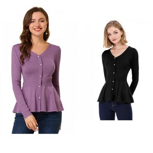 Allegra K Women's Slim Fit V-Neck Long Sleeve Ribbed Knitted Peplum Top 2 Packs - 1 of 4