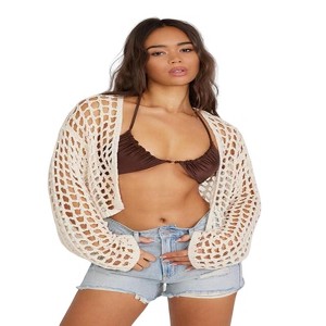 Clearlove Womens Mesh Knitted Smock Tops Shrugs Patchwork Crochet Hollow Out Long Sleeve See Through Beachwear Cover-ups Crop Tops - 1 of 4