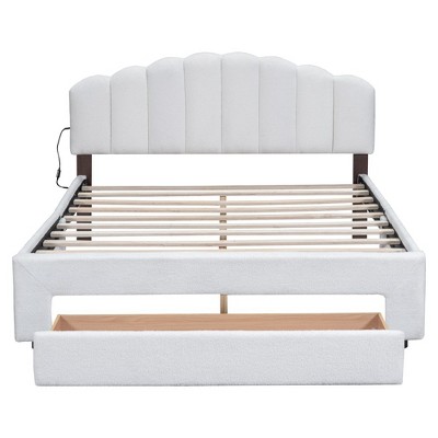 Queen Size Bed With Storage Drawers Headboard USB Port Easy Assembly Teddy Fleece Platform Queen Bed Frames Upholstered Platform Bed Frame For Bedroom