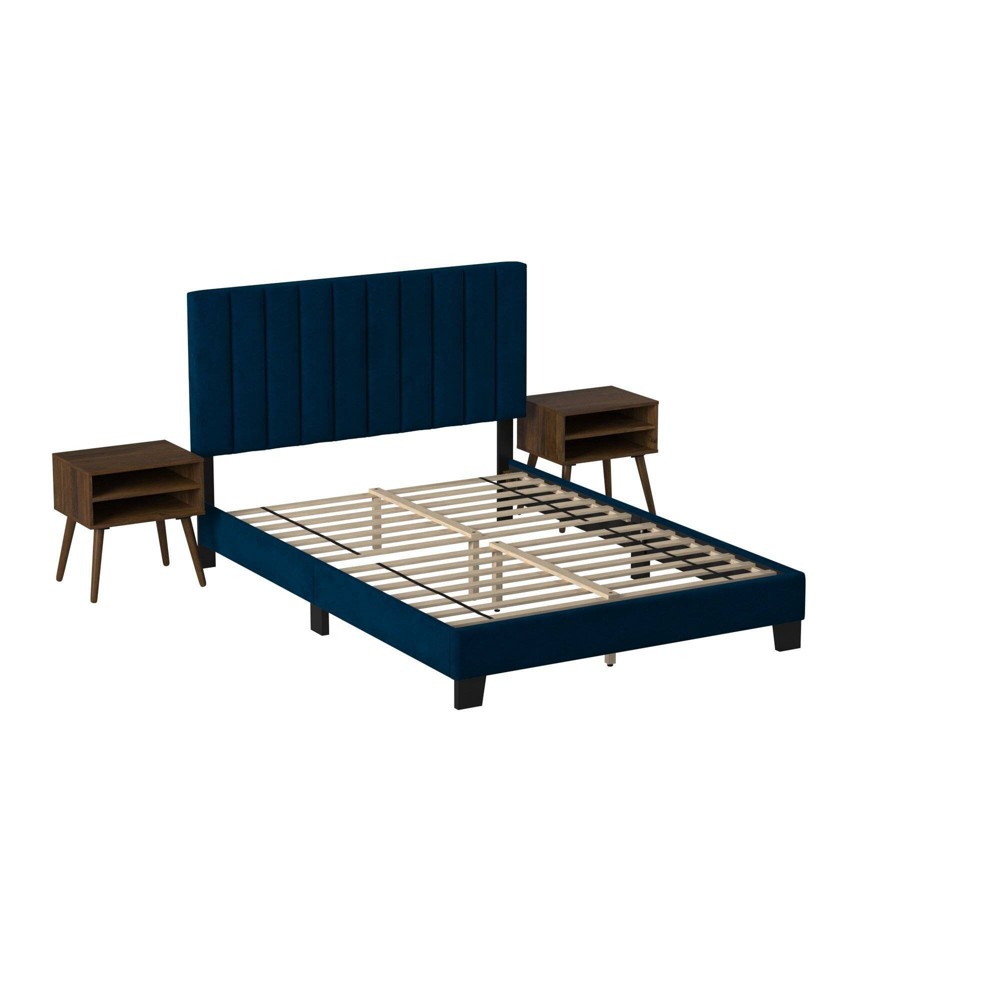 Photos - Bedroom Set Queen Colbie Upholstered Platform Bed with Nightstands Navy Blue - Picket