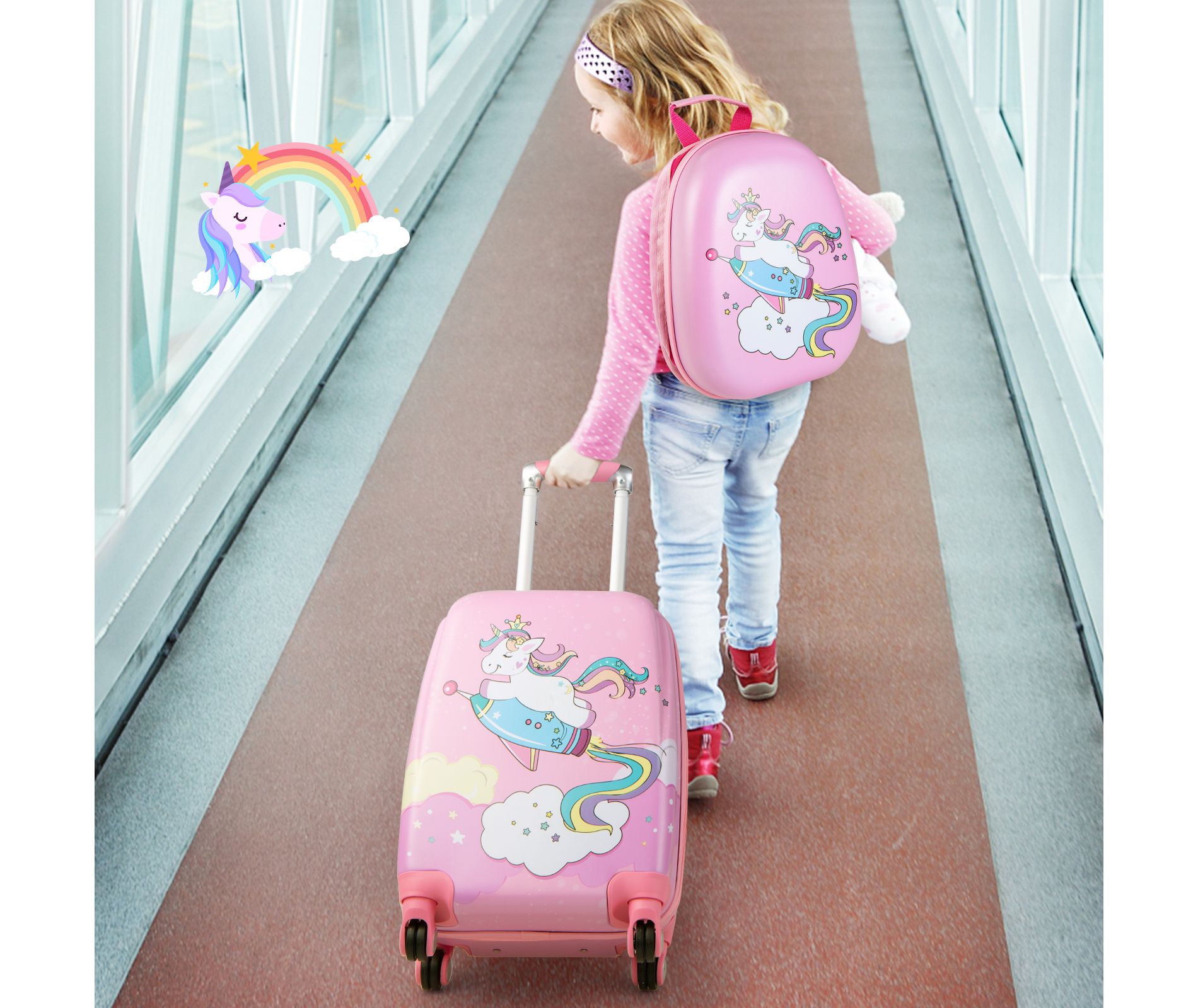 Infans 2PC Kids Carry On Luggage Set 12" Backpack and 18" Rolling Suitcase for Travel