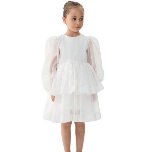 2Bunnies Girls Organza Long Sleeve Tiered Babydoll Skater Dress White 5t 6t