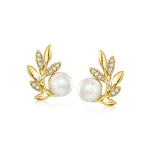 Ross-Simons 6.5-7mm Cultured Pearl Leaf Earrings With .10 ct. t.w. White Zircons in 18kt Gold Over Sterling - 1 of 3