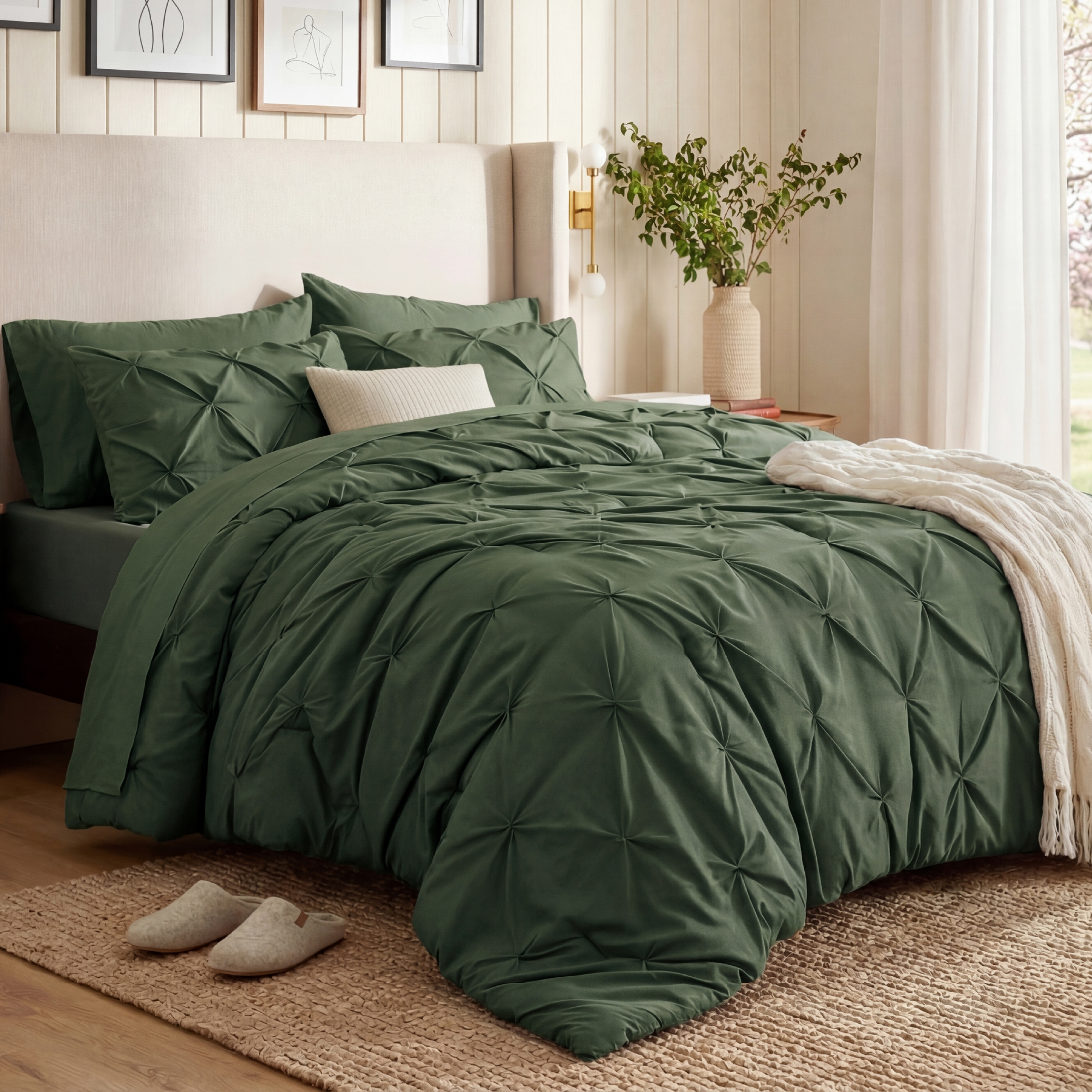 Bedsure Bed in a Bag Comforter Set with Sheets, 7pcs Solid Diamond Pintuck All-Season Bedding, Soft Olive Green Queen Bedding Set, Gift for Family
