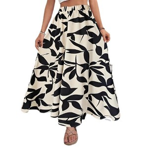 Coolmee Women's Chiffon Skirts Elastic High Waist Pleated A-Line Bohemian Print Maxi Skirts - 1 of 4