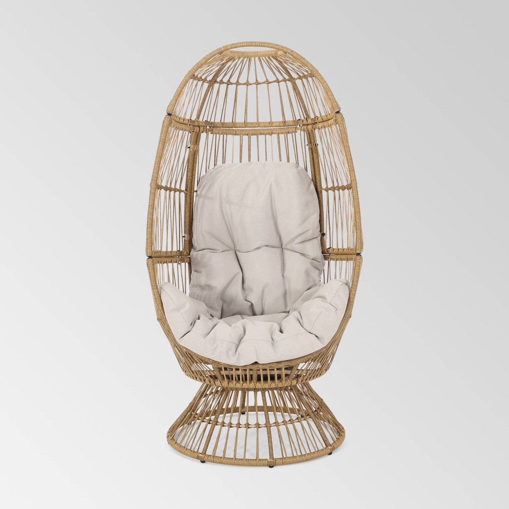 Photos - Garden Furniture Pintan Wicker Swivel Egg Chair - Light Brown/Beige - Christopher Knight Ho