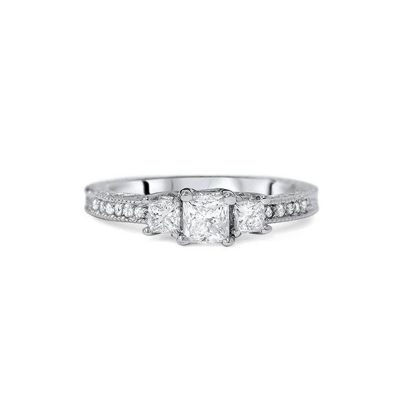Pompeii3 1/3ct Vintage Three Stone Princess Cut Diamond Engagement Ring 14K White Gold, 2 of 5