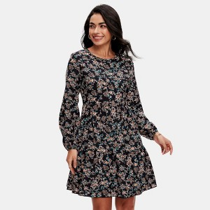Knit & Lounge Women’s Floral Long Sleeve Dress Crew Neck Smocked Cuffs Tiered Skirt Casual Fall Mini Dress - 1 of 4