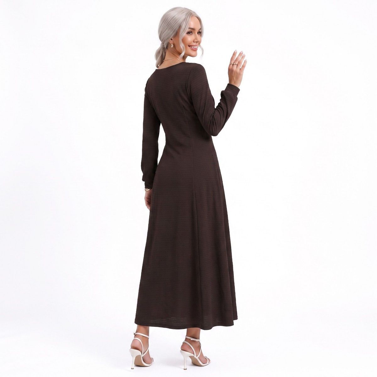 Anna-Kaci Women's Tie Front Maxi Dress Square Neck Long Sleeve Fit and Flare Textured Dress - thumbnail 2