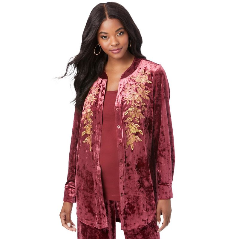 Roaman's Women's Plus Size Embroidered Velour Button-Down Top, 1 of 2