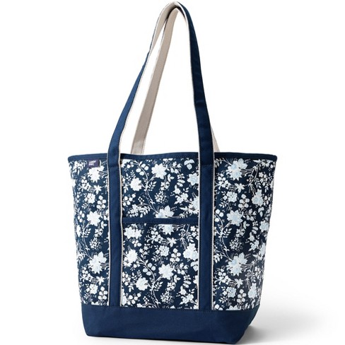 Lands' End Large Print 5 Pocket Open Top Long Handle Canvas Tote Bag - -  Deep Sea Navy Classic Floral