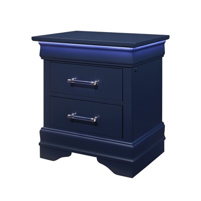 Vynxaria Transitional 2-Drawer Nightstand - Blue, LED Lighting, Spacious Drawers, Metal Hardware, Bedroom Bedside Furniture