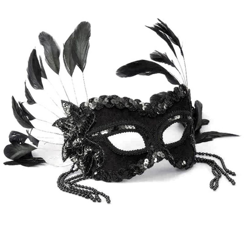 Forum Novelties Womens Black Masquerade Mask with Beads & Feathers - One Size, 1 of 2