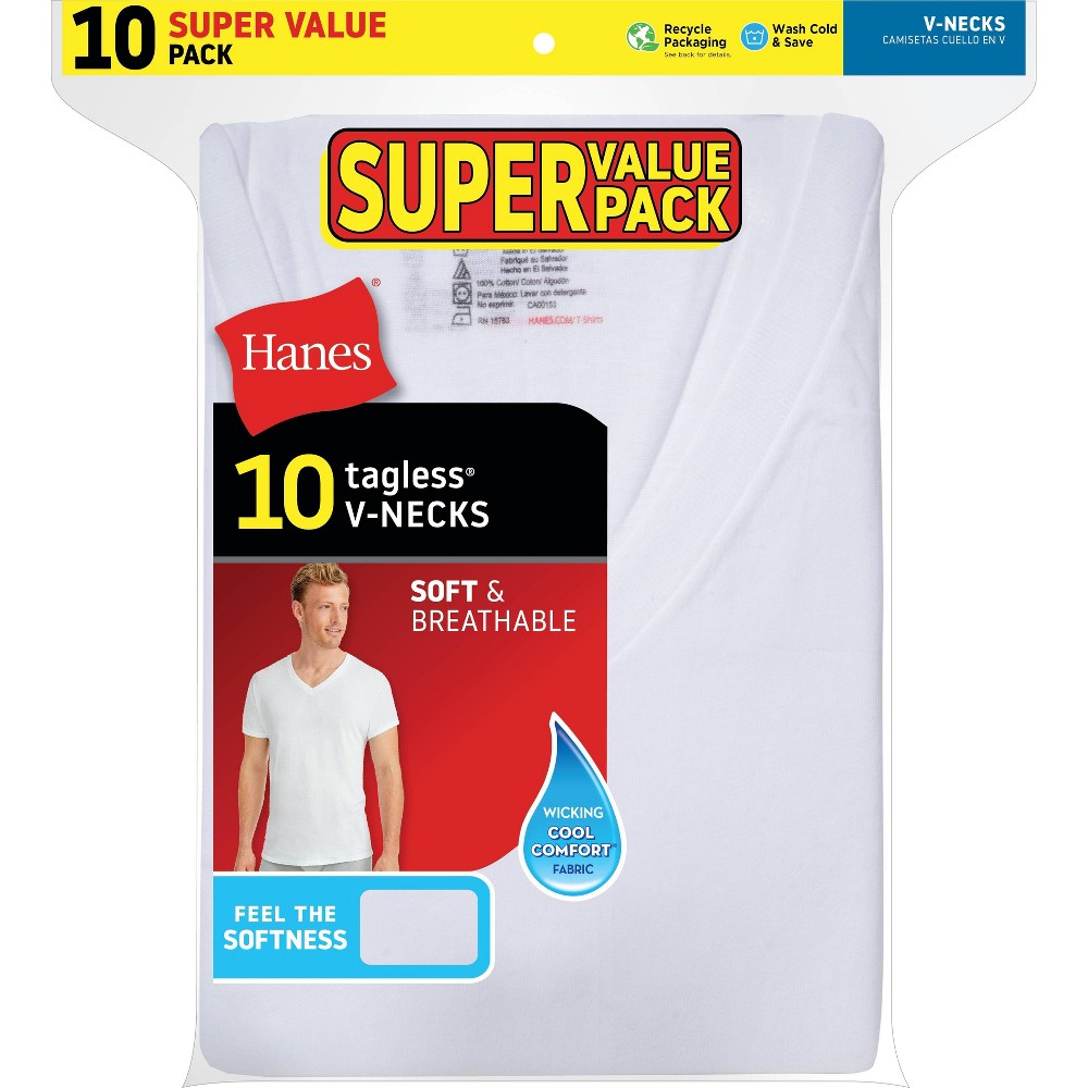 Hanes Men's Super Value V-Neck 10pk Undershirt - White M