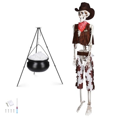 Yescom 5.4 Ft Life Size Cowboy Skeleton with Witches Cauldron Pot on 31" Tripod Halloween Decoration Party 2025 Black