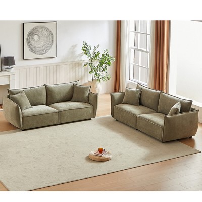Modern 3-Seater + 3-Seater Linen Fabric Sofa Set with Wooden Frame and 4 Pillows