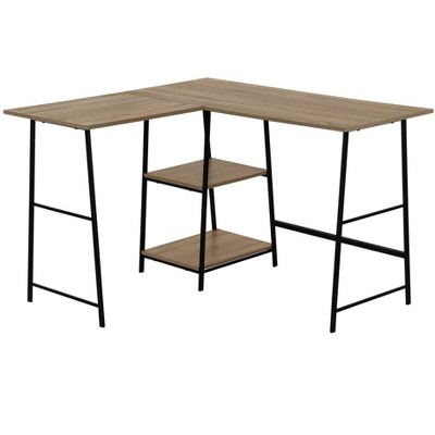 Vynxaria Modern 48" L-Shaped Corner Computer Desk Brown Laminate Black Metal Frame with Storage Shelves for Home Office Laptop Work