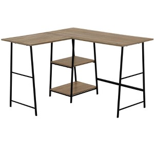 Vynxaria Modern 48" L-Shaped Corner Computer Desk Brown Laminate Black Metal Frame with Storage Shelves for Home Office Laptop Work - 1 of 4
