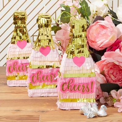 Sparkle and Bash 3-Pack Mini Pink Champagne Bottle Pinatas for Bachelorette Party Decorations 8 x 3.25 in