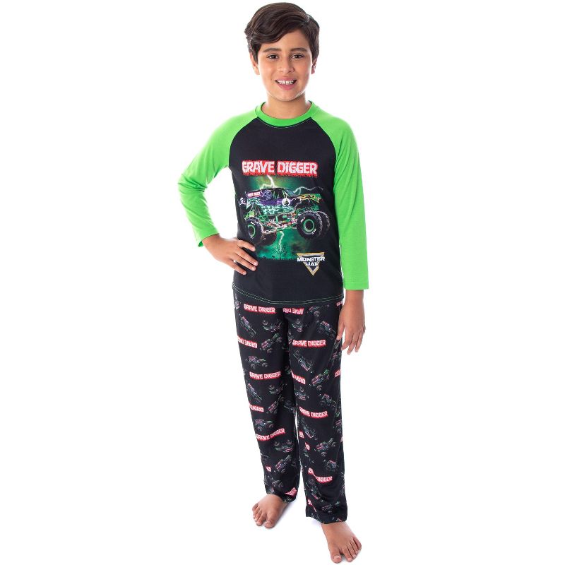 Monster Jam Boys' Grave Digger Monster Truck Shirt And Pants Pajama Set, 1 of 5