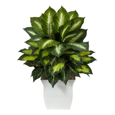 Nearly Natural 2-ft Golden Dieffenbachia Artificial Plant in White Metal Planter