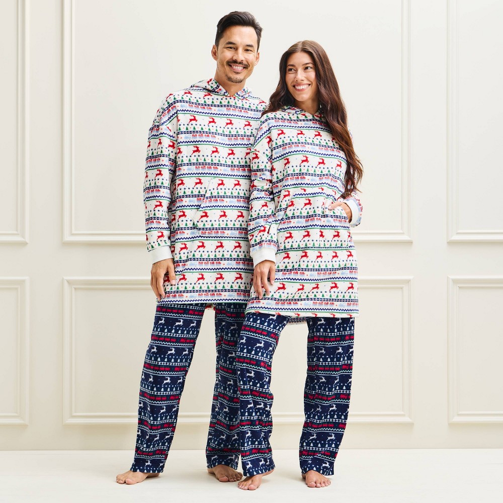 Adult Holiday Reindeer Fair Isle High Pile Fleece Matching Family Pajama Blanket Hoodie - Wondershop™ Navy Blue/Cream M