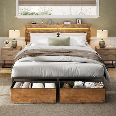 Furnulem Queen Bed Frame with Wood Headboard Metal Platform Bed with 2 Storage Drawers Shelf Built-in Charging Station LED Lights No Box Spring Needed